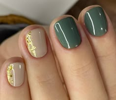 Nail Design With Accent Nail, Green Nails Gelish, Nail Color For Bridesmaid, Shellac Green Nails, Fall Nail Shellac Colors, Peter Pan Inspired Nails, Short Nails Non Acrylic, Green Gold Flake Nails, Dnd Olive Green Gel Polish