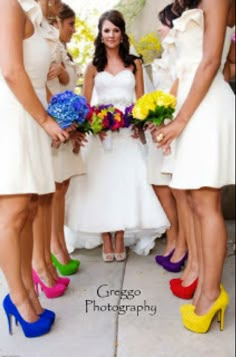 the bridesmaids are wearing bright colored shoes