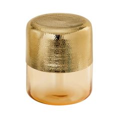 a gold colored metal container with a white background