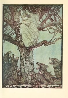 an image of a woman sitting in a tree with wolfs around her and another animal standing nearby