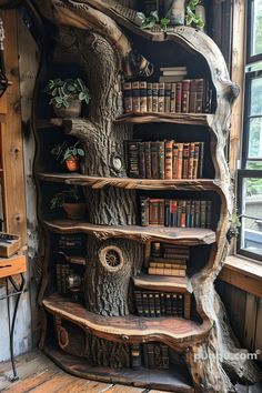 a book shelf made out of tree trunks and books