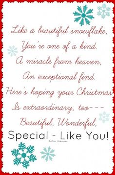 a christmas card with snowflakes on it and the words special - like you