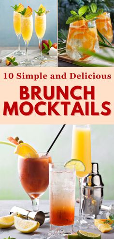 A collection of colorful brunch mocktails displayed in various glasses, featuring citrus, herbs, and fruit garnishes. Bright and refreshing non-alcoholic drinks perfect for breakfast or brunch. Includes mimosa, virgin Bloody Mary, and fruit-infused sparkling water. Ideal for parties and gatherings.