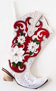 Christmas stocking made to resemble a cowgirl boot. Made of fabric and embellished with fabric poinsettias. Measures 17"L. Cowgirl Boot Christmas Stocking, Christmas Parade Ideas, Hot Chocolate Stand, Parade Ideas, Cowgirl Boot, Christmas Parade, Cowboy Boot, Cowgirl Boots, Toothbrush Holder