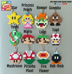 the mario bros characters are made out of legos and plastic beads, which include princesses, bowser goomba, yoshi, luigi, luggi, mush, puri, toad,