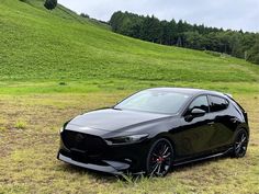 a black car parked on top of a grass covered field next to a lush green hillside