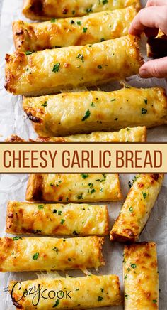 A collage of garlic bread with melted cheese on top cut into sticks. Garlic Bread With Cheese, Garlic Bread Sticks, Bread With Cheese, The Cozy Cook, Cozy Cook, Bread Sticks, Garlic Cheese Bread, Marinara Sauce Homemade, Garlic Bread Recipe