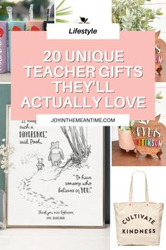 various pictures with the words unique teacher gifts they'll actually love in pink and white