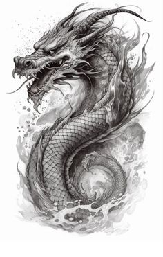 a black and white drawing of a dragon with water droplets around it's head