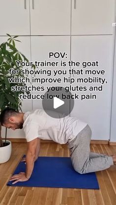 a man in white shirt and grey pants doing yoga on blue mat with text overlay