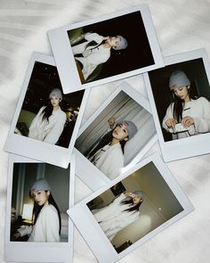 four polaroid photos of a woman wearing a beanie and white coat, all showing her hair