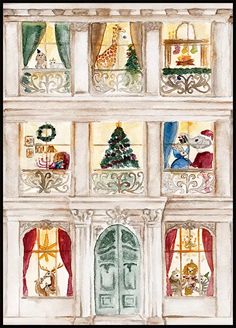 a watercolor painting of a house with christmas decorations on the windowsills and doors