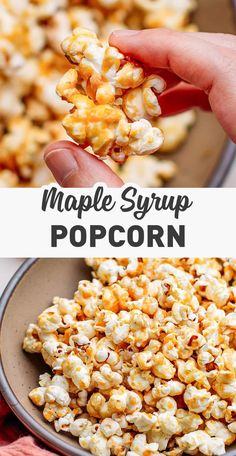 a hand holding a spoon full of maple syrup popcorn with the title above it on top