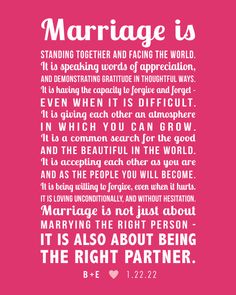 a pink poster with the words marriage is standing together and facing the world