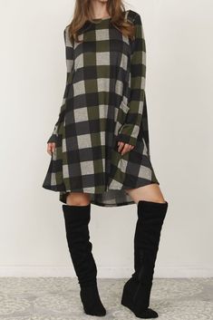 Olive Checkered A-Line Mini Dress_Plus Womens Shift Dresses, Long Sleeve Shift Dress, Plaid Fashion, Buffalo Check, Piece Of Clothing, Dress Making, Shift Dress, Womens Bottoms, Buffalo