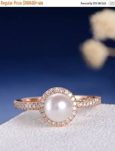 White Pearl Engagement Ring Diamond Halo Rose Gold Ring White Gold Pearl Promise Ring, White Gold Pearl Ring For Promise, Anniversary Pearl Ring With Diamond Detail, Anniversary Pearl Ring With Round Band, Fine Jewelry Pearl Ring With Round Band For Anniversary, Fine Jewelry Pearl Ring For Anniversary, Round Pearl Promise Ring With Prong Setting, Round Diamond Pearl Ring For Promise, Elegant Pearl Promise Ring