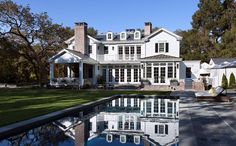 a large white house with a pool in the front yard