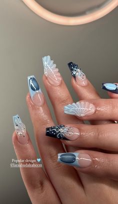 Chaotic Nail Designs, Cool Nail Designs Square, Nail Ideas Airbrush, Laufey Nails Ideas, Simple Blue Nail Art, Blue Winter Nails Square, Disney Aesthetic Nails, Square Nail Inspo 2024, Miami Nails Summer