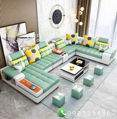 a living room filled with lots of couches and tables on top of a rug