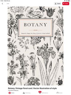 a book with an image of flowers and plants in black ink on a white background