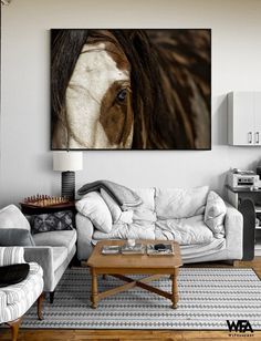 a horse's eye is seen in this living room