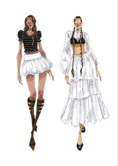 two women in dresses with long sleeves and boots