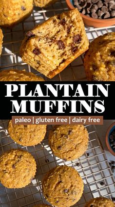 These healthy plantain muffins are great for a snack or side to breakfast. They're satisfying, but made with wholesome, nourishing ingredients.These muffins are made with ripe plantains, sweetened with maple syrup and loaded with dark chocolate chips. In addition, these plantain muffins are gluten free, dairy free and paleo friendly. Plantain Muffins Recipe, Plantain Muffins, Baked Plantains Recipes, Easy Healthy Muffin Recipes, Paleo Muffin, Gluten Free Breakfast Ideas, Baked Plantains, Gluten Free Snacks Healthy