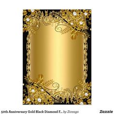 an anniversary card with gold and black floral designs on the front, along with a diamond embellishment in the center