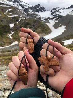 two hands holding small pieces of wood in front of snow covered mountains and rocks on the ground