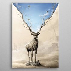 a painting of a stag standing in front of a blue sky with birds flying around it