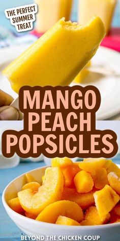 mango peach popsicles in a bowl on a table