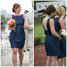 the bridesmaids are wearing blue dresses and holding bouquets in their hands as they walk down the aisle