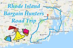 a map with the words rhode island bargain hunters road trip on it and a cartoon girl carrying shopping bags