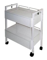 two white shelves with wheels on each side and one shelf is holding an infant's crib