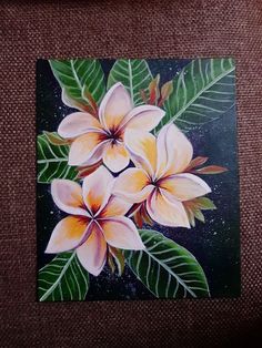 a painting of flowers with green leaves on a brown cloth covered tablecloth, in front of a black background