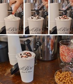 the process of making an ice cream sundae with sprinkles and nuts