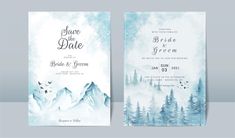 two wedding cards with watercolor trees and mountains in the background, one is blue