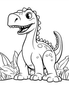 a cartoon dinosaur standing in the grass with his mouth open and tongue out coloring page