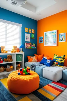 Dynamic child's room with a striking colored accent wall and vivid furniture pieces. Kids Bedroom Decor Ideas, Boys Room Colors, Kids Room Design Boys, Boy Toddler Bedroom, Boys Bedroom Makeover, Modern Kids Room