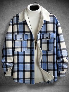 Multicolor Casual Collar Long Sleeve Fabric Plaid Regular Embellished Non-Stretch  Men Outerwear Blue Velvet Shirt, Woolen Shirt, Tomboyish Outfits, Mens Business Casual, Men Outerwear, Mens Business Casual Outfits, Overcoat Men, Men Fashion Casual Shirts, Men Stylish Dress