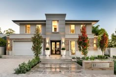 a large house with steps leading up to the front door and two planters on either side