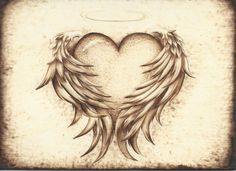 a drawing of an angel's heart with wings and halo above it in sepia