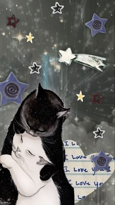 a black and white cat hugging another cat in the middle of stars on a night sky background