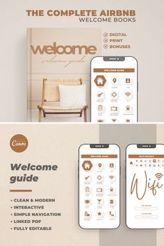 the complete airbnb welcome guide is displayed on an iphone and tablet screen, along with other items