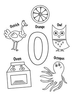 the letter o is for orange and an owl with other animals around it, including an octopus