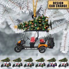 a golf cart ornament with a christmas tree on top and other ornaments around it