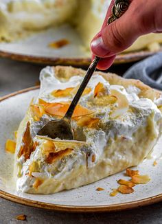 a person cutting into a piece of pie on a plate