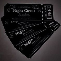 five black and white ticket cards with the words night circus on them, all stacked together