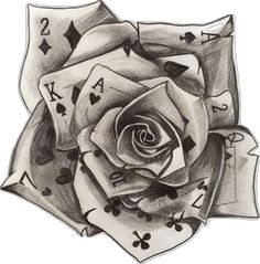 a drawing of a rose with playing cards on it