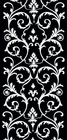 a black and white pattern with swirly vines on it's back side, in the shape of a rectangle